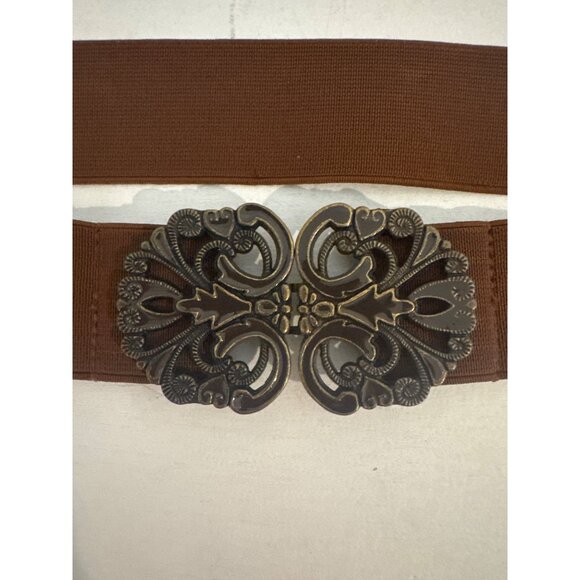 Womens Belt Brown Wide Elastic Metal Buckle 32" Sz M Stretchy Boho Retro Classic - Picture 2 of 5